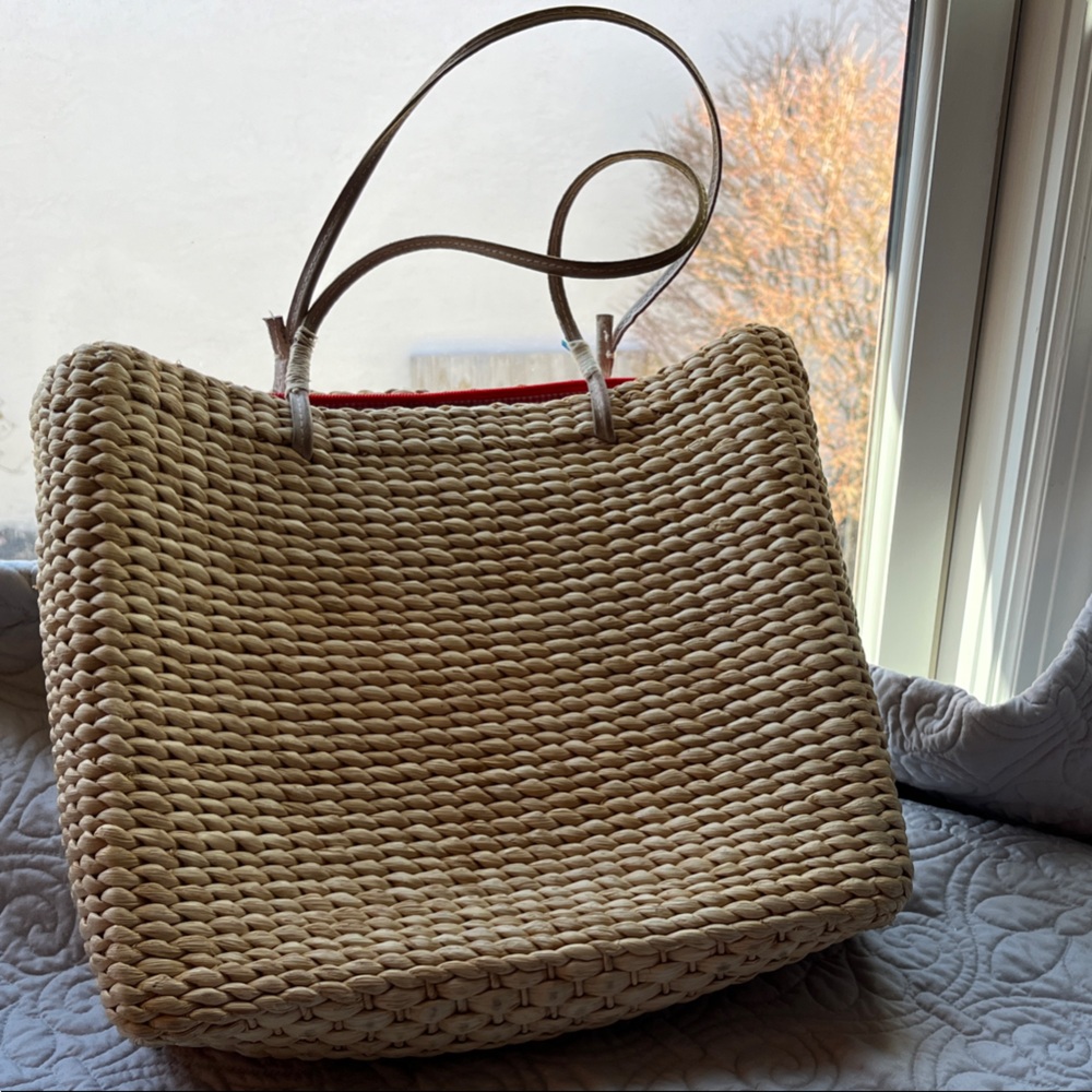 Xhilaration Natural Woven Tote with Red Trim